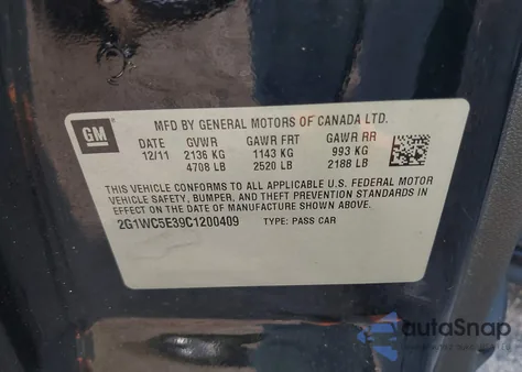 2012 Chevrolet Impala Ltz z USA, uszkodzony, nr VIN 2G1WC5E39C1200409